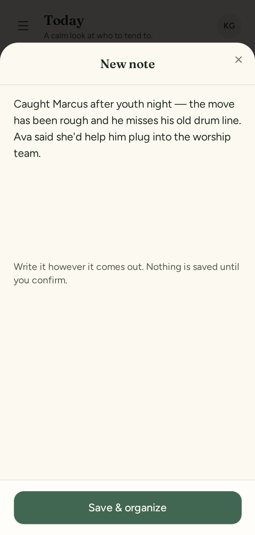 Tend's note pad with a freeform note about a conversation after youth night